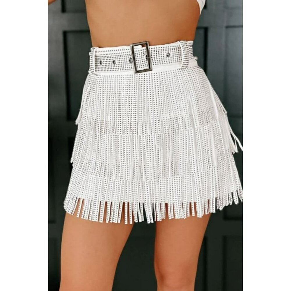 *PLUS ONLY* Spotlight Stealer Rhinestone Fringe Mini Skort Off White - Picture 4 of 10